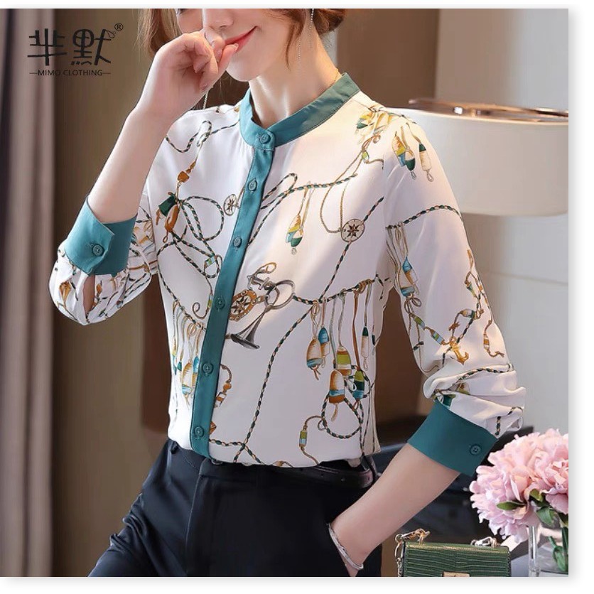 ÁO SƠ MI NỮ CỖ TRÒN PHỐI HỌA TIẾT 3D SANG TRONG TINH TẾ ĐẲNG CẤP