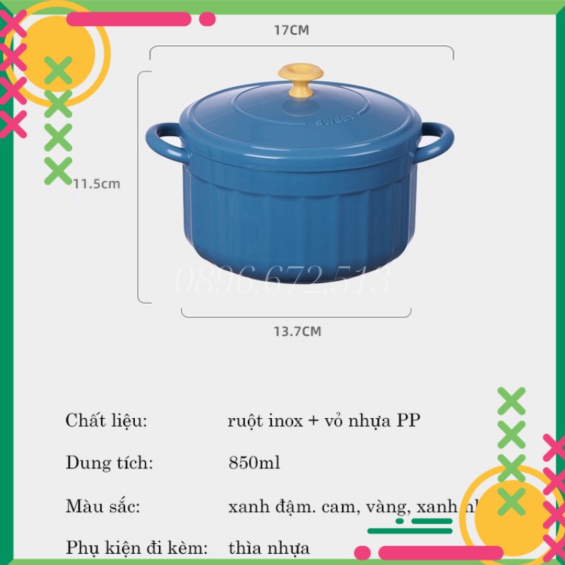 Bát Ăn Mì Cute Có Nắp Có Tay Cầm Inox Kiểu Hàn Quốc Kèm Thìa, Bát Úp Mì Tôm Tiện Lợi Cực Xinh