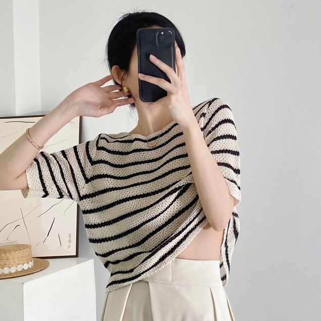 Áo thun NZN dệt tay ngắn cổ tròn họa tiết kẻ sọc màu sắc tương phản thời trang mùa hè cho nữ