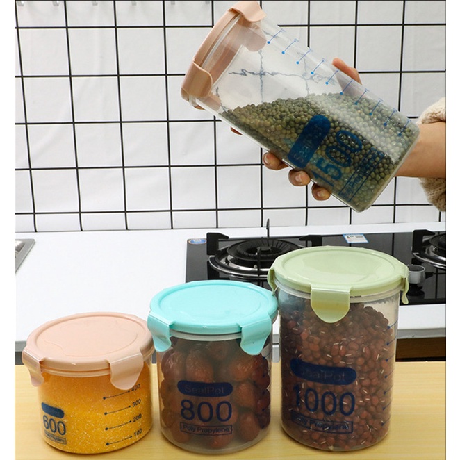 Hộp Nhựa Tròn Đựng Thực Phẩm Khô, Ngũ Cốc Trong Suốt - Chia Vạch Nắp hít chân không - Hộp nhựa đựng đồ có nắp