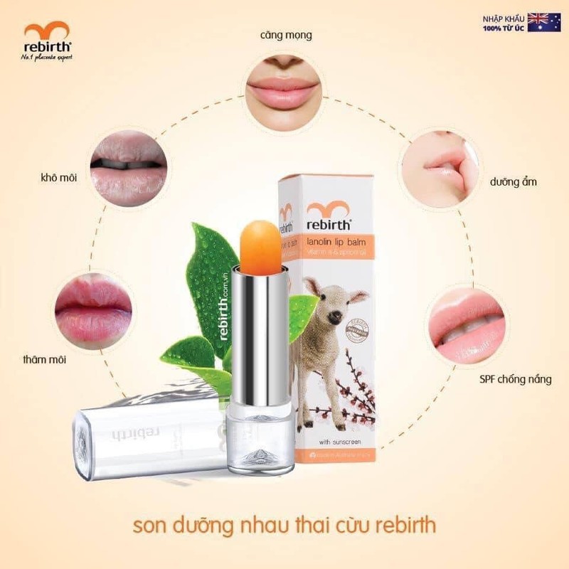 Son dưỡng môi nhau thai cừu chống khô và nứt nẻ, dưỡng môi, chống khô làm hồng môi REBIRTH - 3,7g - Úc