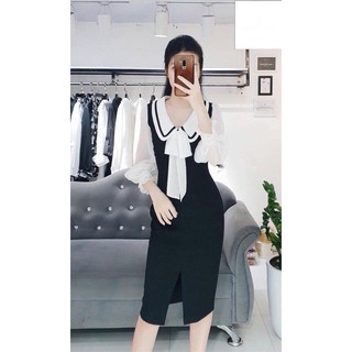 Đầm trắng đen xẻ trước-D201