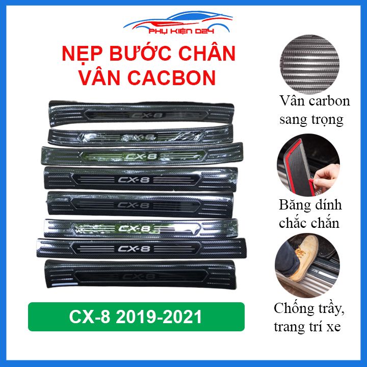 Bộ nẹp bước chân trong ngoài vân Cacbon xe CX8, CX-8 2019-2020-2021 chống trầy làm đẹp ô tô