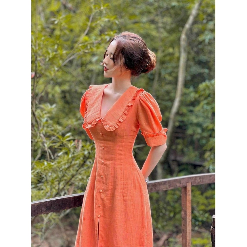 Đầm Xòe Cổ Bèo Nút Bọc Xẻ Tà Phong Cách Thanh Lịch