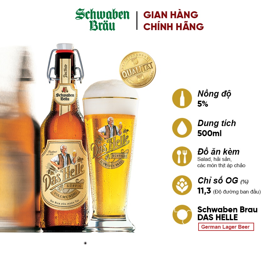 Bia Đức thượng hạng Lager - Schwaben Brau DAS HELLE (chai 500ml) - Nhập khẩu 100% châu Âu
