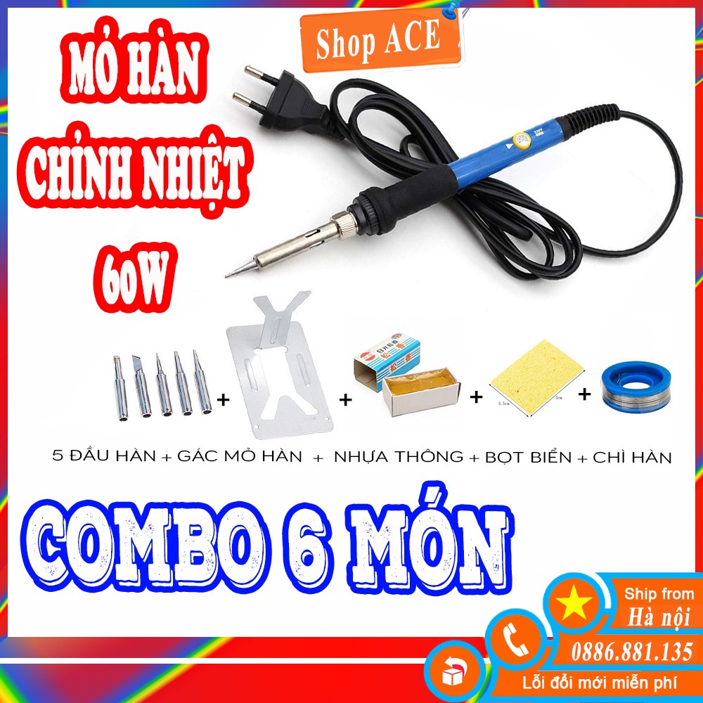 GIÁ SỈ  Combo Máy Hàn Chỉnh Nhiệt 60w , 5 mũi hàn , nhựa thông , chì hàn , gác mỏ hàn , bọt biển