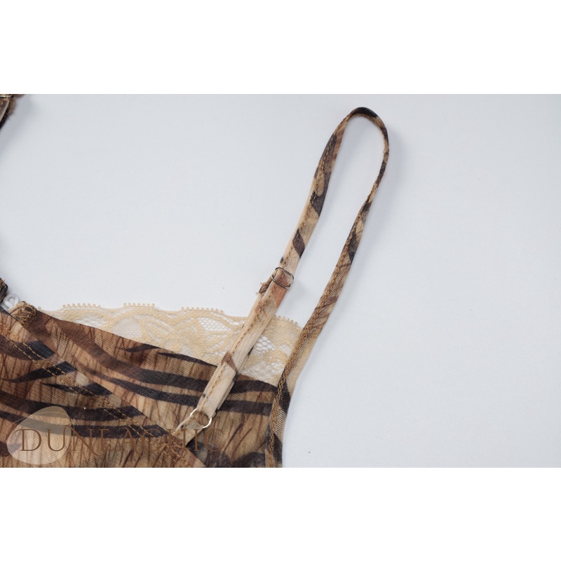 DUNEA Áo Croptop Cổ Chữ V Phối Ren Lưới In Họa Tiết Thời Trang Quyến Rũ Cho Nữ