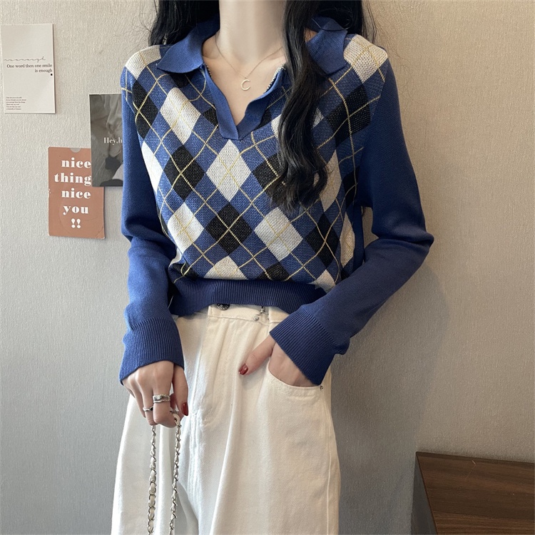 Áo len ZHELIHANGFEI cổ polo họa tiết hình thoi theo phong cách Mỹ dễ phối đồ