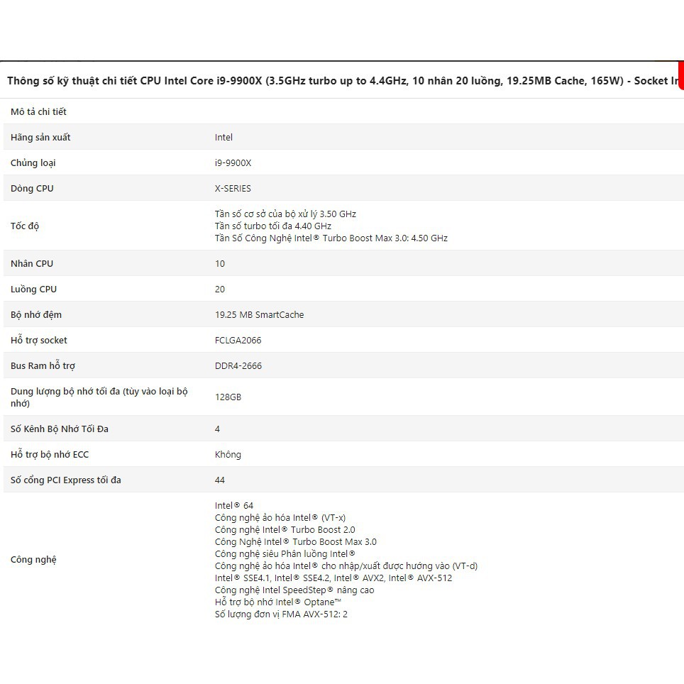 CPU Intel Core i9-9900X (3.5GHz turbo up to 4.4GHz, 10 nhân 20 luồng, 19.25MB Cache, 165W) - Socket Intel LGA 2066