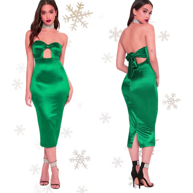 Đầm Satin Cúp Ngực Thắt Nơ trắng xanh