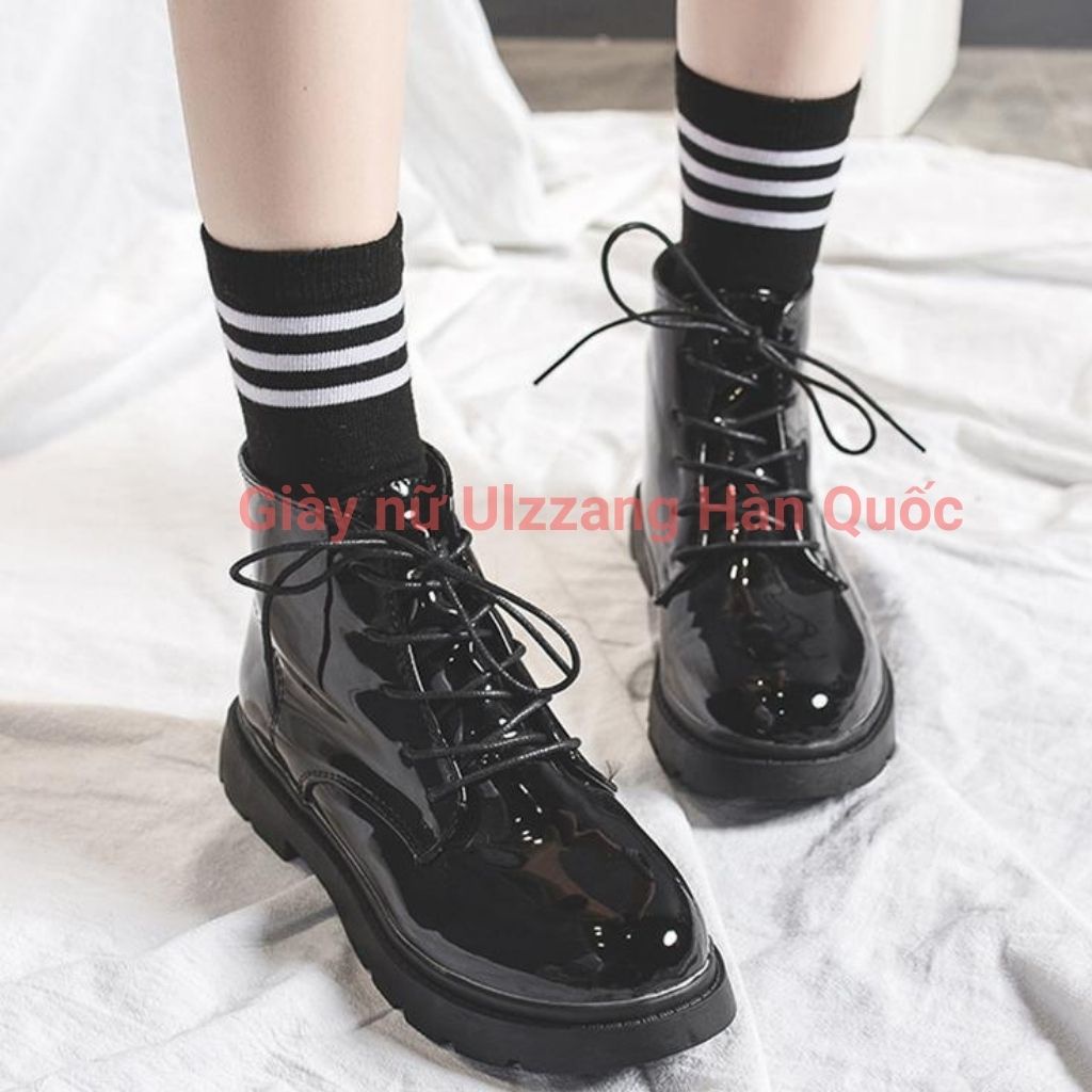 Giày bốt cổ cao Martin Gót Vuông đen nhám, đen bóng boots phong ulzzang  Cách Hàn Quốc Cho Nữ