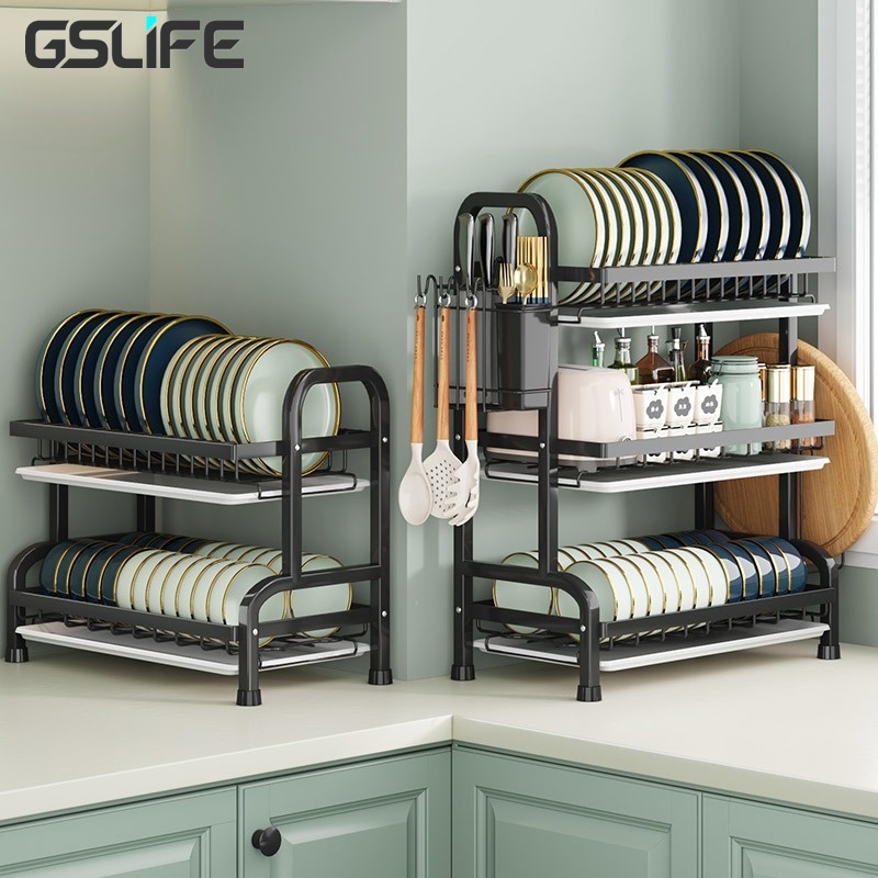 ●✌☒GSlife Kệ Để Chén Đĩa và Thép Carbon Sơn Đen 3 Tầng Giá Bát Nhỏ Có Khay Hứng Nước Đa Năng Tặng Kèm Rổ Đựng Đũ