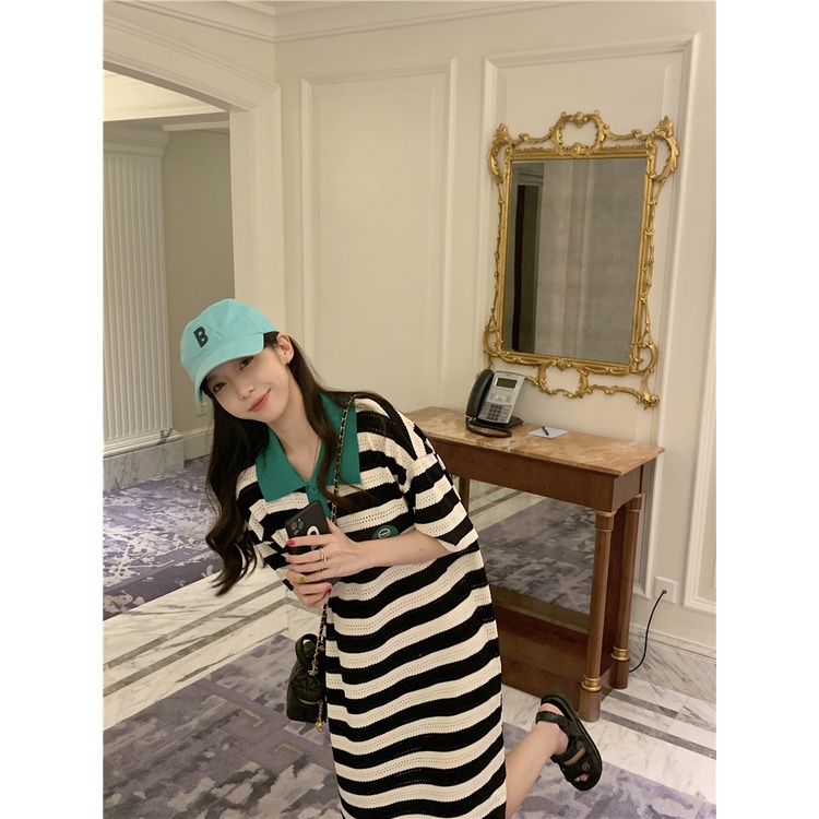 Xiaozhainv Đầm Midi Tay Ngắn Cổ Polo Dáng Rộng Họa Tiết Sọc Xanh Lá Thời Trang Mùa Hè Cho Nữ