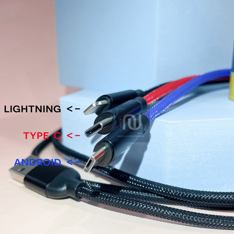 Cáp Sạc 3 Đầu BASEUS Three Primary Colors Hỗ Trợ Sạc Nhanh 3 Cổng Iphone Lightning Type C Micro Usb Chất Liệu Dây Dù