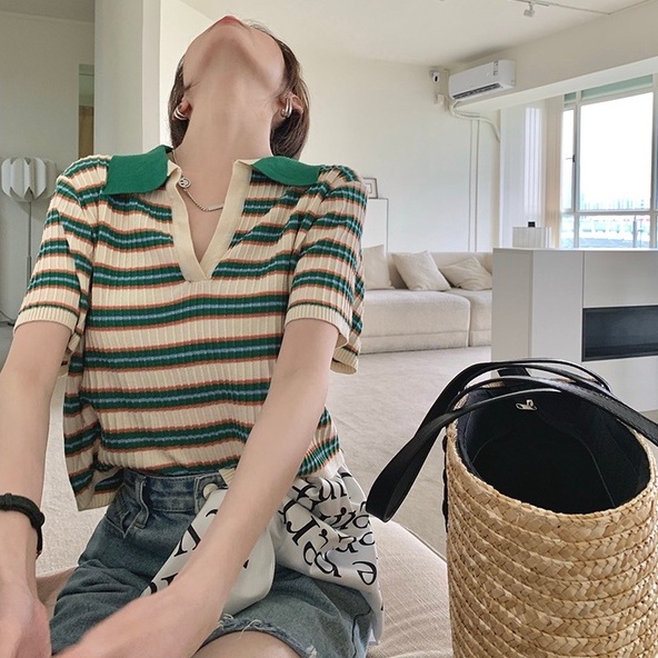 Áo croptop polo ZHELIHANGFEI dệt kim tay ngắn kẻ sọc kiểu vintage dễ thương thời trang
