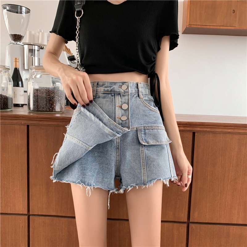Quần short denim lưng cao ống rộng màu sắc cổ điển thời trang Hàn Quốc cá tính cho nữ
