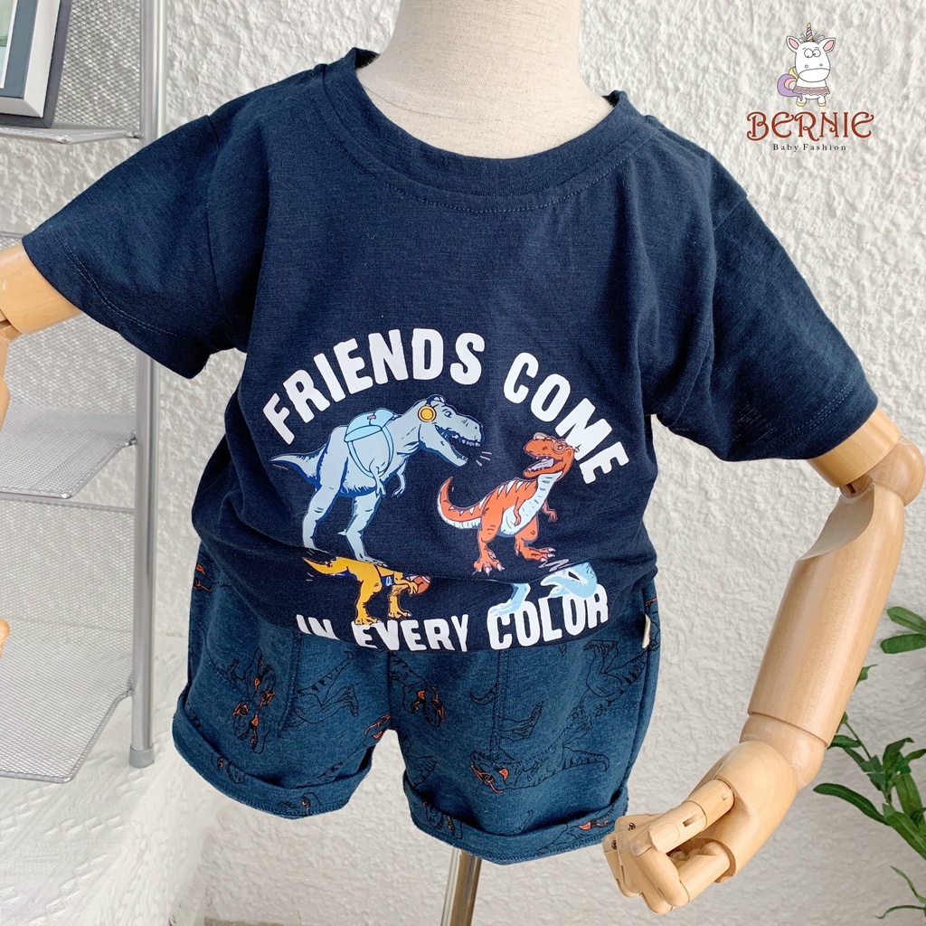 Bộ cotton bé trai hoạ tiết khủng long, bộ thun cộc tay bé trai cotton mềm