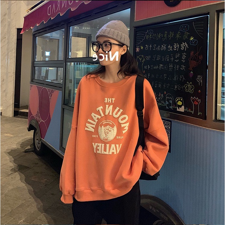 SUXI Áo Nỉ Tay Dài Cổ Tròn In Chữ Phong Cách Hàn Quốc