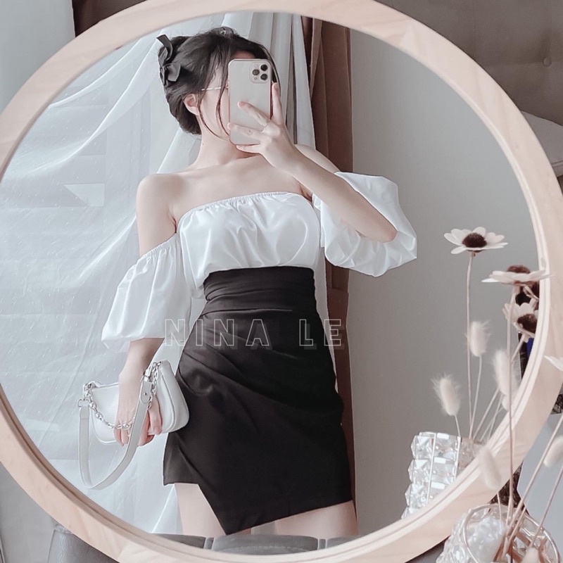 SET áo ống trắng rớt vai tay phồng + chân váy xếp ly eo cạp siêu cao tà lệch - 22.Lystore