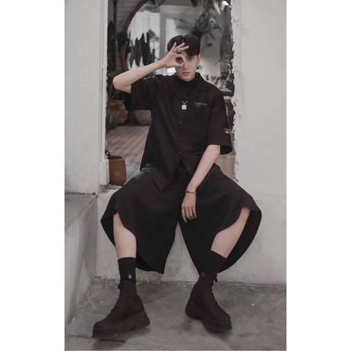 Áo sơ mi unisex Zune.zx tay lỡ đen xám form rộng in hoạ tiết, Tsunami shirt