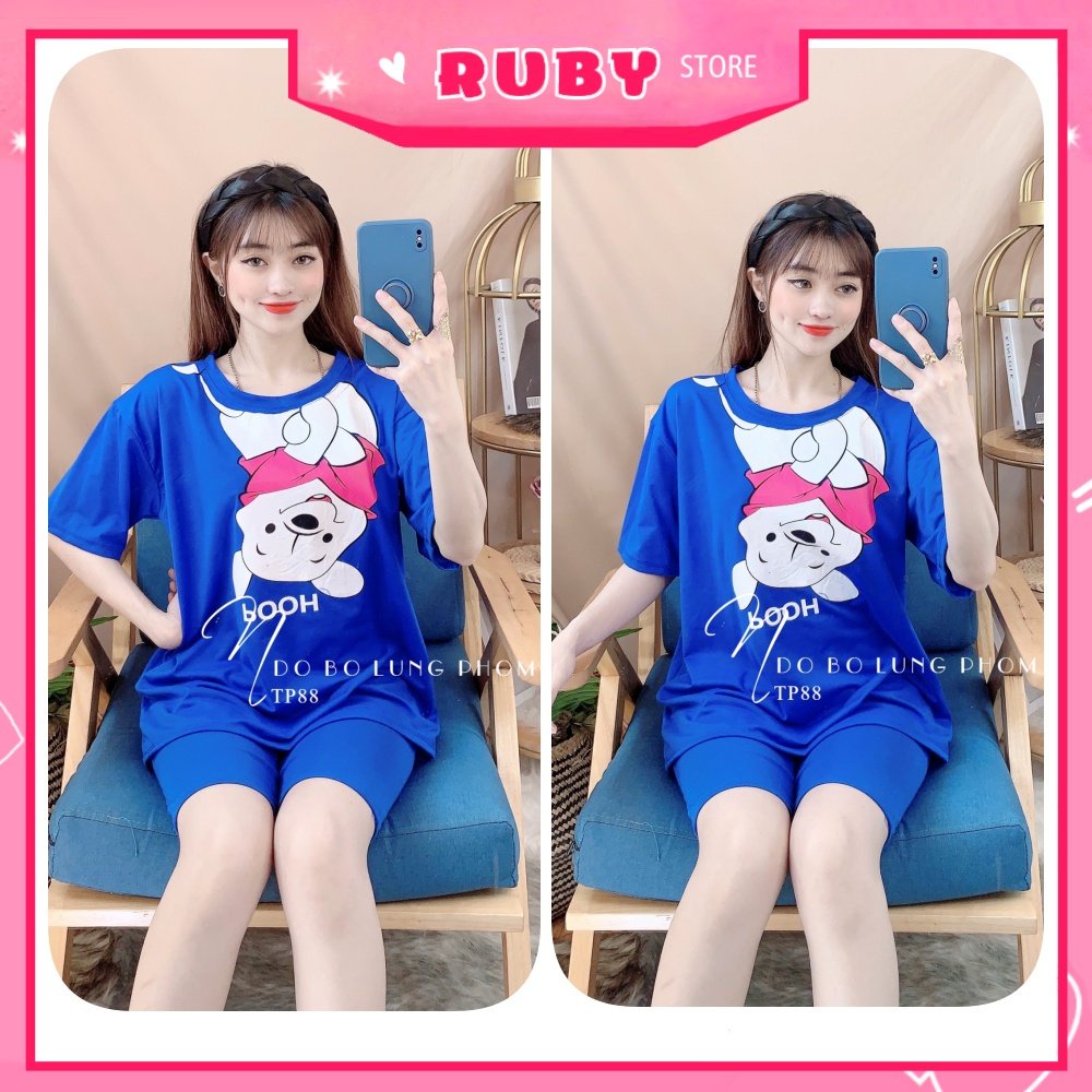 Đồ bộ thun lửng phom to cho nữ mặc nhà chất thun mềm mát in hình gấu hoạt hình dễ thương TP88