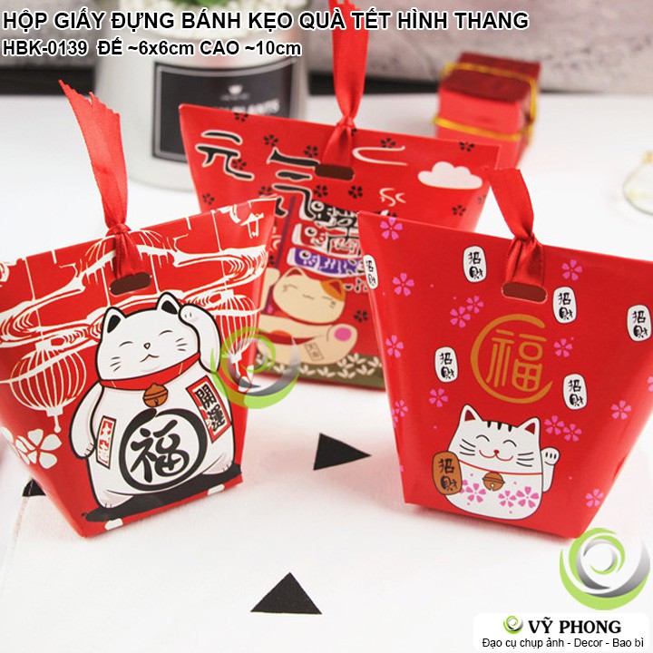 SET 5 HỘP GIẤY HÌNH THANG IN HÌNH MÈO CHIÊU TÀI ĐỰNG BÁNH KẸO QUÀ TẶNG TẾT NĂM MỚI, MỪNG TÂN XUÂN NEW YEAR HBK-0139