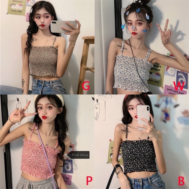[ẢNH THẬT+VIDEO] Áo 2 Dây Croptop Hoa Nhí Bèo Nhún