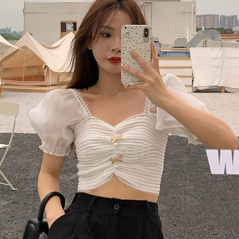 Áo Croptop Dệt Kim Tay Ngắn Cổ Vuông Thiết Kế Quyến Rũ Cho Phái Nữ