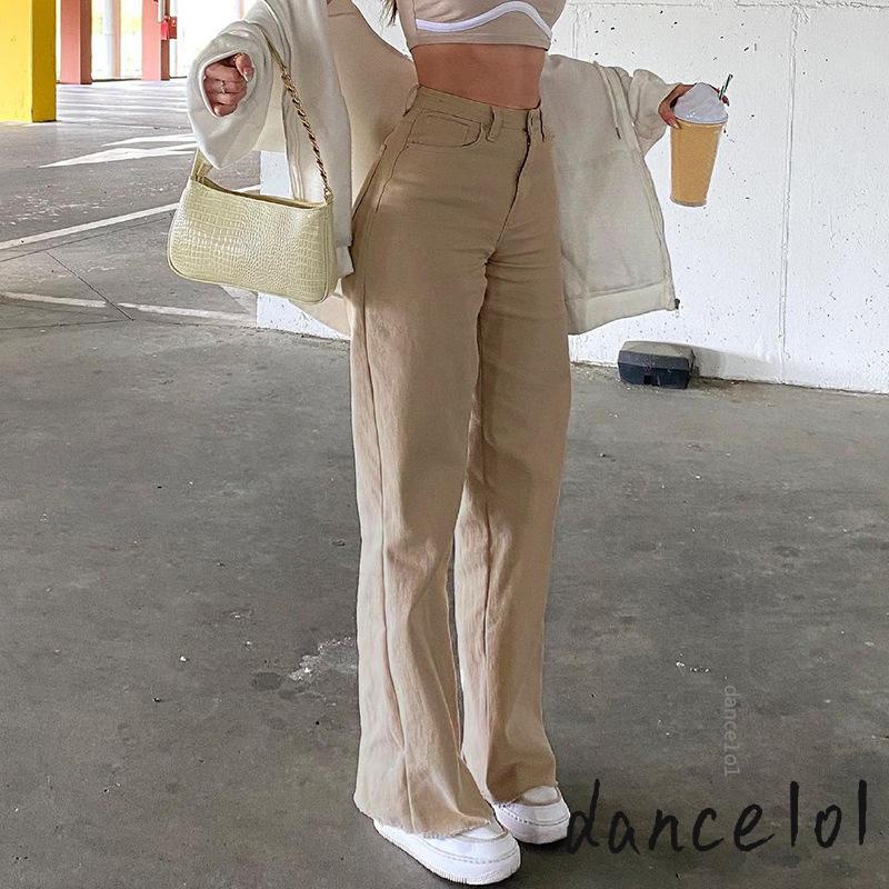 Quần Jean Nữ Cạp Cao Ống Loe Màu Trơn dance1o1-Y2k