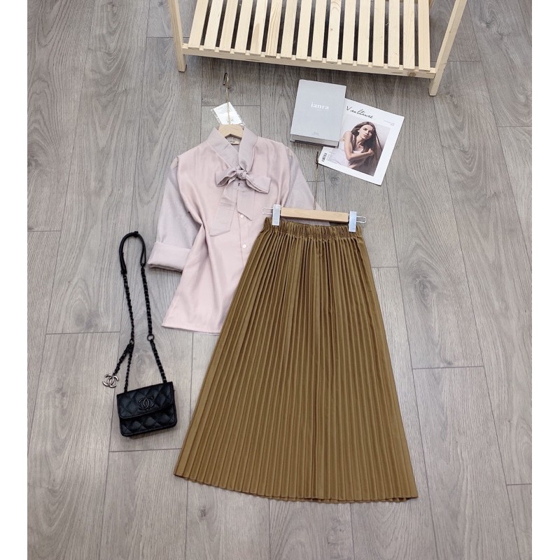 Set áo sơ mi nơ mix chân váy xếp ly dài siêu xinh (Hàng đẹp,có ảnh và video thật) | BigBuy360 - bigbuy360.vn