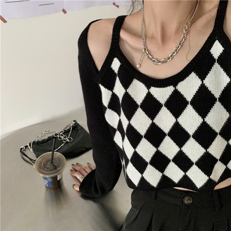 QADCOL Áo dệt kim tay dài dáng ôm họa tiết hình thoi xinh xắn tùy chọn màu sắc cho nữ