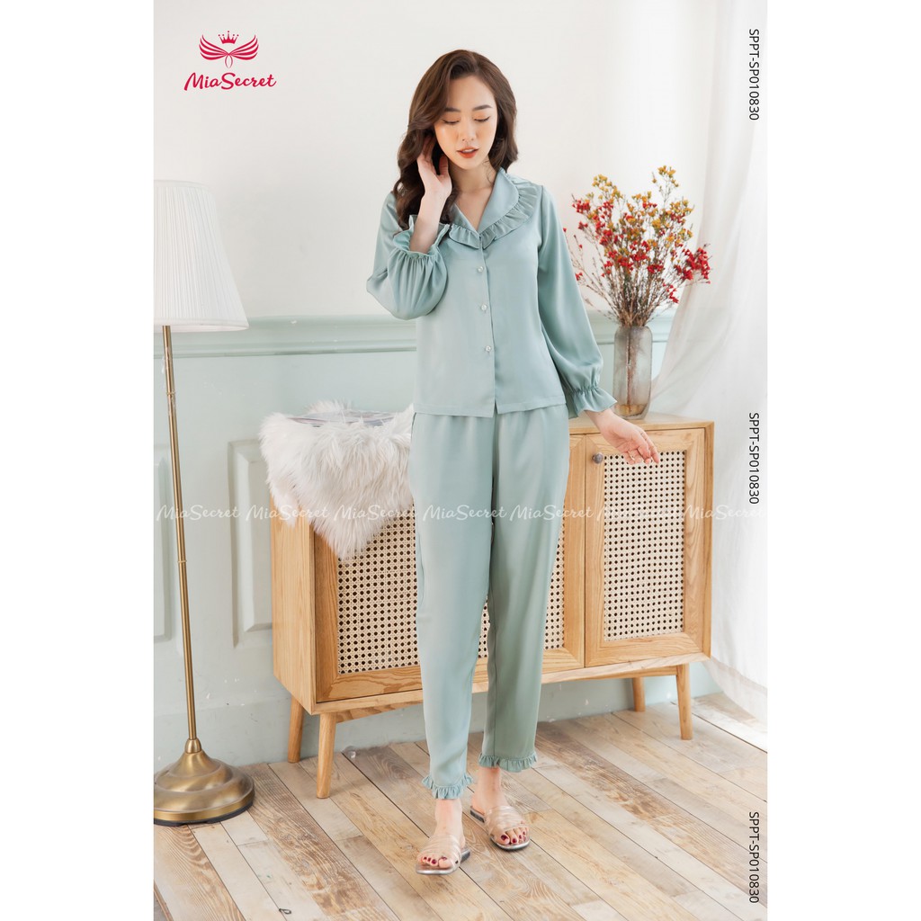 Bộ Đồ Ngủ Pijama Mia Secret Lụa Tằm Băng Cao Cấp - Cổ V Bèo Xanh Ngọc Dài Tay - SP14505995 | BigBuy360 - bigbuy360.vn