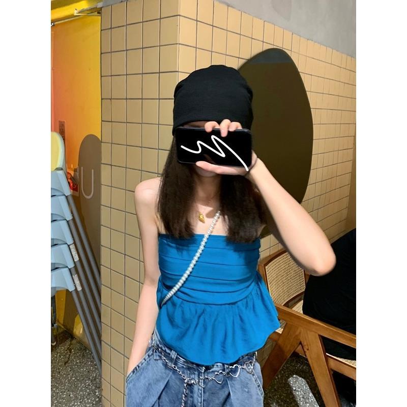 COZOK Áo Hai Dây Xếp Ly Màu Sắc Trơn Phong Cách Hàn Quốc Quyến Rũ