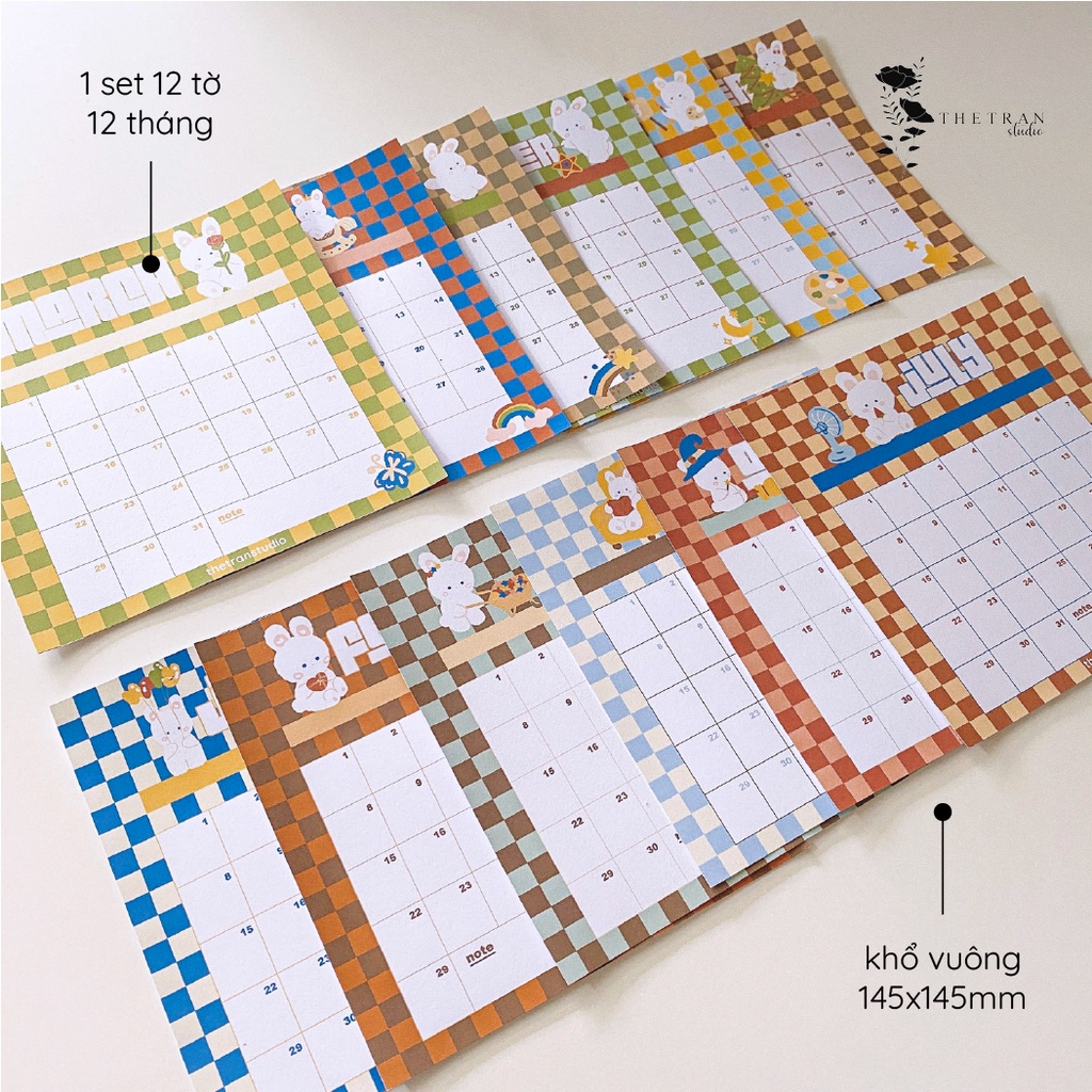 Bộ 12 tờ lịch kế hoạch hàng ngày 12 tháng dùng cho tất cả các năm vuông 145x145mm / single life calendar / thetranstudio