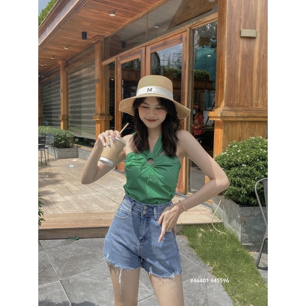 Set áo kiểu 2dây khoét trong chiết ngực - Quần short jean 6352 nút đôi đai đôi