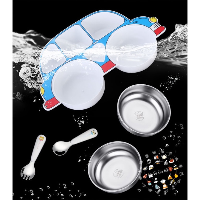 Khay ăn dặm bằng nhựa có nắp 6 ngăn bằng inox 304 cho bé có hình tàu thủy và oto dễ thương kèm theo muỗng nĩa