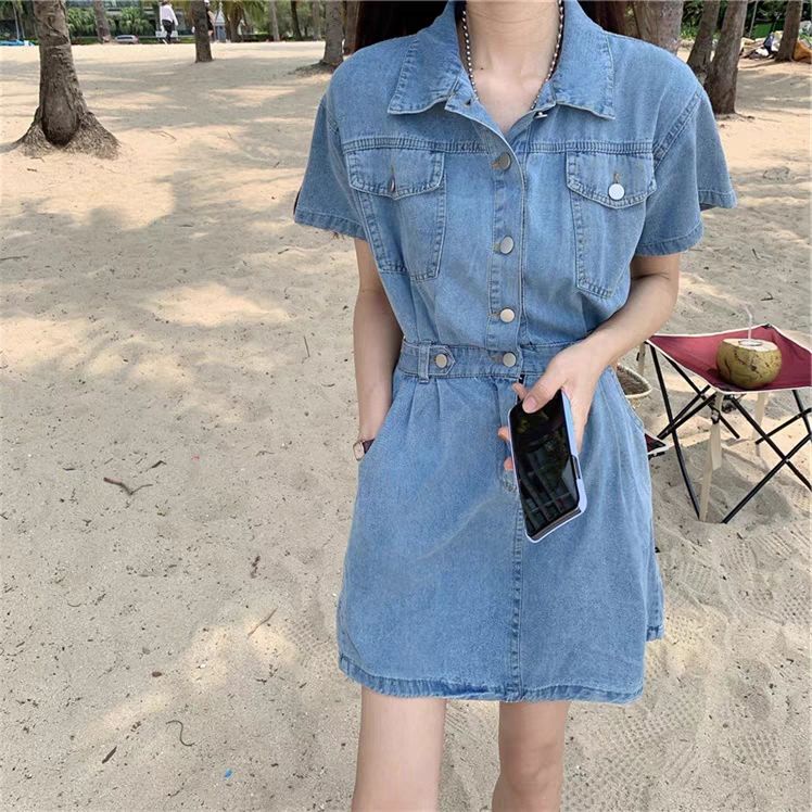 Đầm Denim Cổ Polo Tay Ngắn Lưng Cao Co Giãn Tốt Thiết Kế Đơn Giản Thời Trang Mùa Hè Cho Nữ 2022