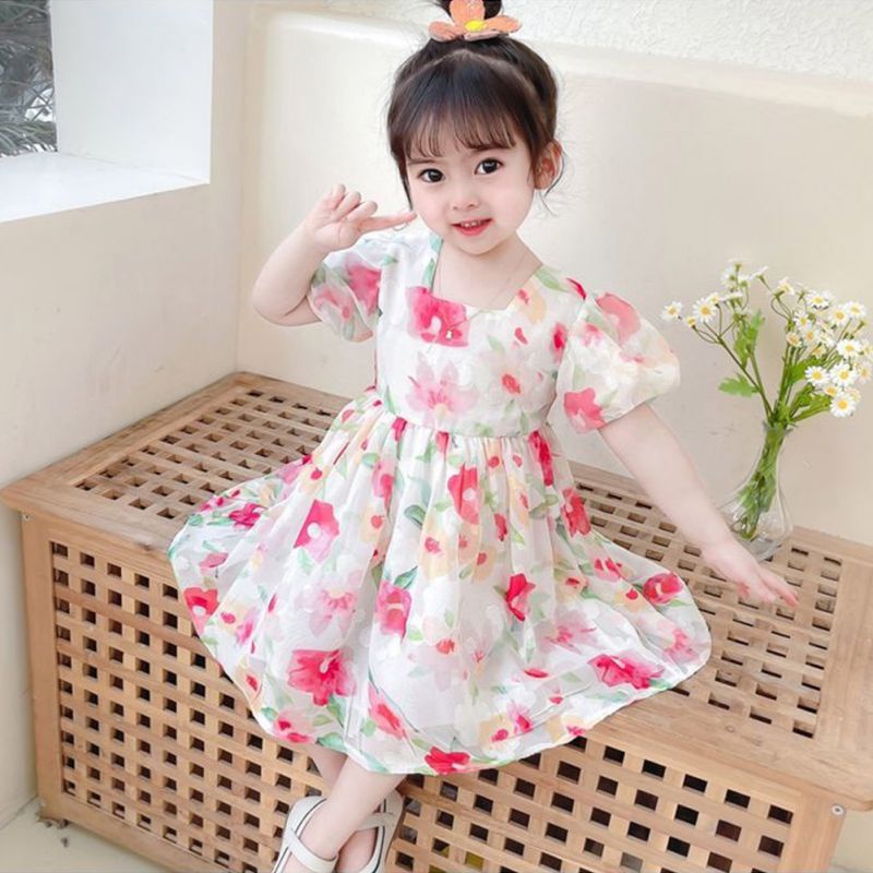 Đầm Bé Gái Đầm Công Chúa Mùa Hè Cổ Vuông Tay Cộc Kiểu Hàn Quốc Cho Bé Gái Se7En