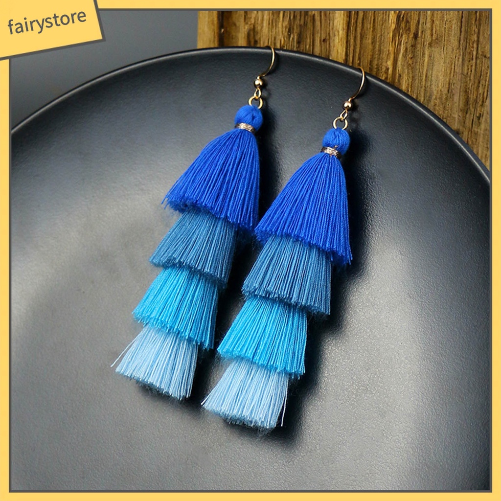 1 Đôi Bông Tai Tua Rua Siêu Dài 4 Lớp Phong Cách Bohemia Quyến Rũ Cho Nữ