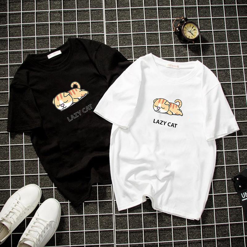 Áo thun unisex form rộng in lazy cat vải dày mịn 2019T1152