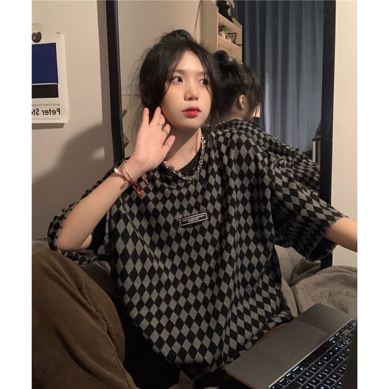 Áo Thun Nữ Ngắn Tay Cổ Tròn Họa Tiết Caro Phong Cách Harajuku retro