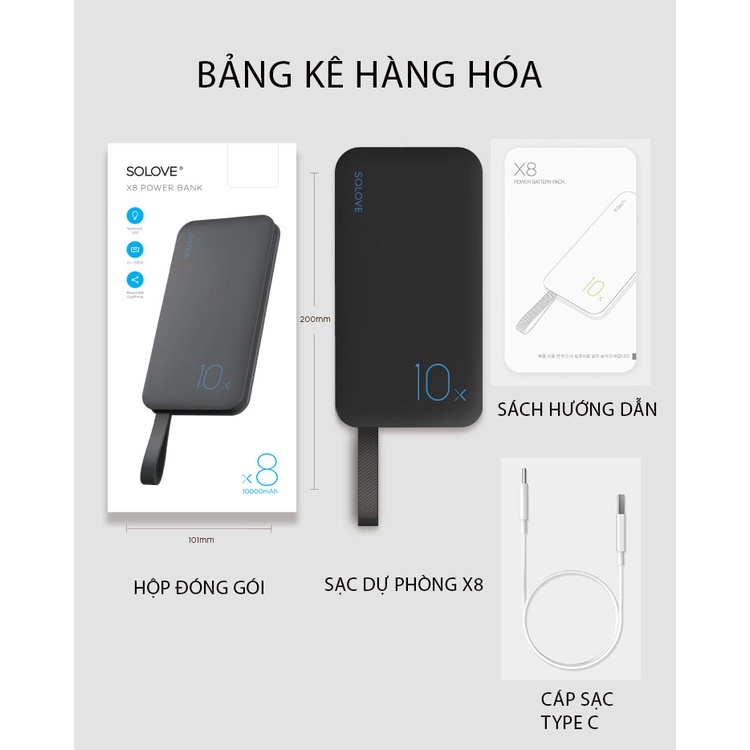 [ Sạc Nhanh 3 Trong 1  ] Sạc Dự Phòng 10000Mah SOLOVE X8 - Thiết Kế 3 Cổng Sạc USB-A, Type C &amp; Lightning Tiện Lợi