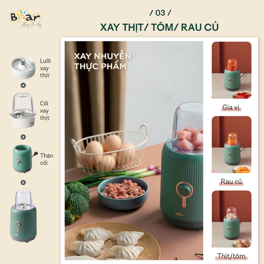 Máy xay sinh tố cầm tay mini Bear C10P1 3 cối đa năng, xay sinh tố, xay thịt,tỏi ớt, các loại hạt khô, Bảo hành 18 tháng