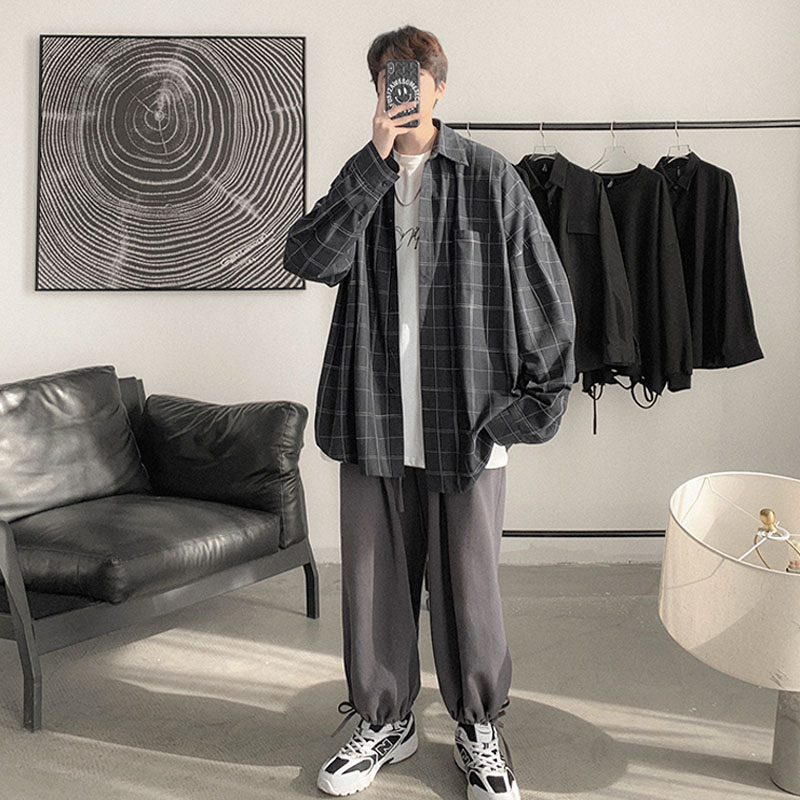 Áo Sơ Mi Kẻ Sọc Caro Dáng Rộng Phong Cách Hàn Quốc Thời Trang Cho Nam