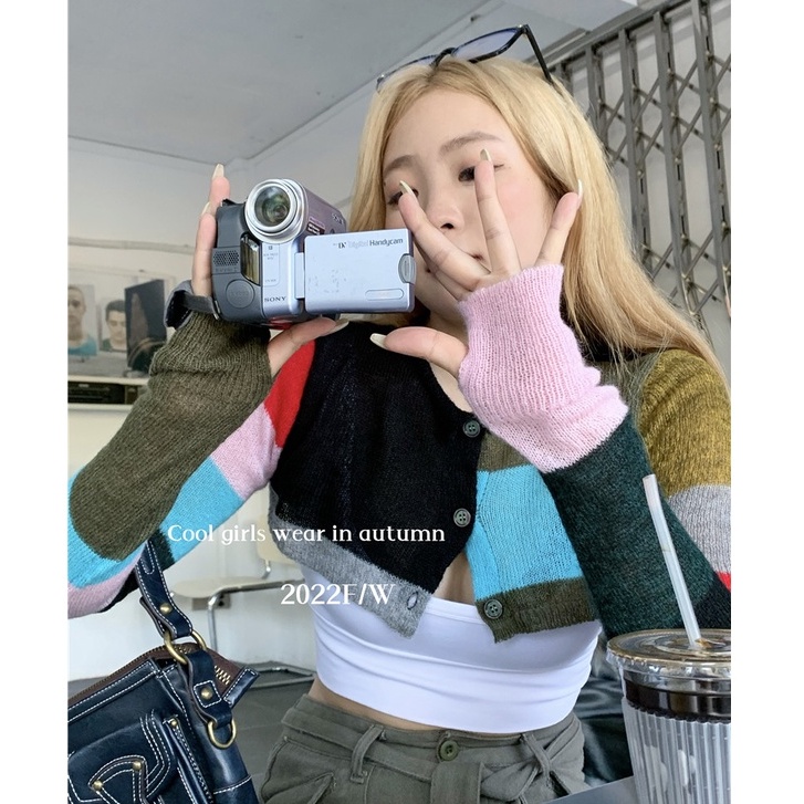 QKOOLE  Áo Croptop Dệt Kim Tay Dài Màu Sắc Vintage Hàn Quốc Cho Nữ