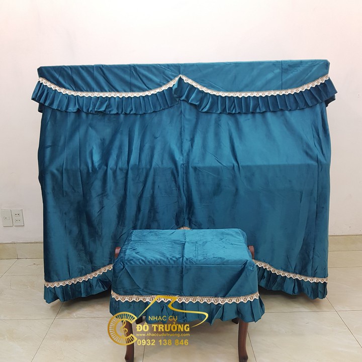 Bộ khăn phủ đàn Piano cơ nhung xanh dương vải dày mềm mịn