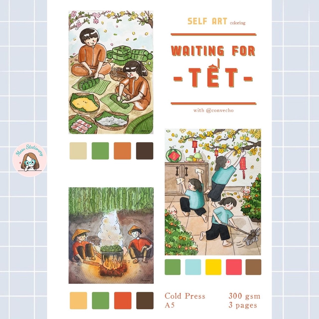 Tranh tô màu "Đón tết" của họa sĩ @convecho, giấy vẽ màu nước coldpress 300gsm