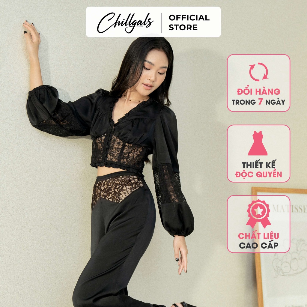 Bộ đồ ngủ giả corset Chillgals phối ren chân ngực và cạp quần Màu đen SAQ-022DE