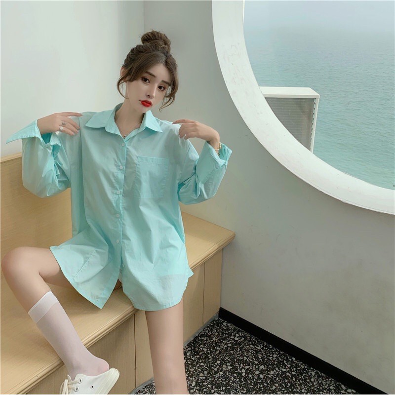 ÁO SƠ MI XANH NGỌC TRENDY 2021 ULZZANG HÀN (ko kèm áo dây)