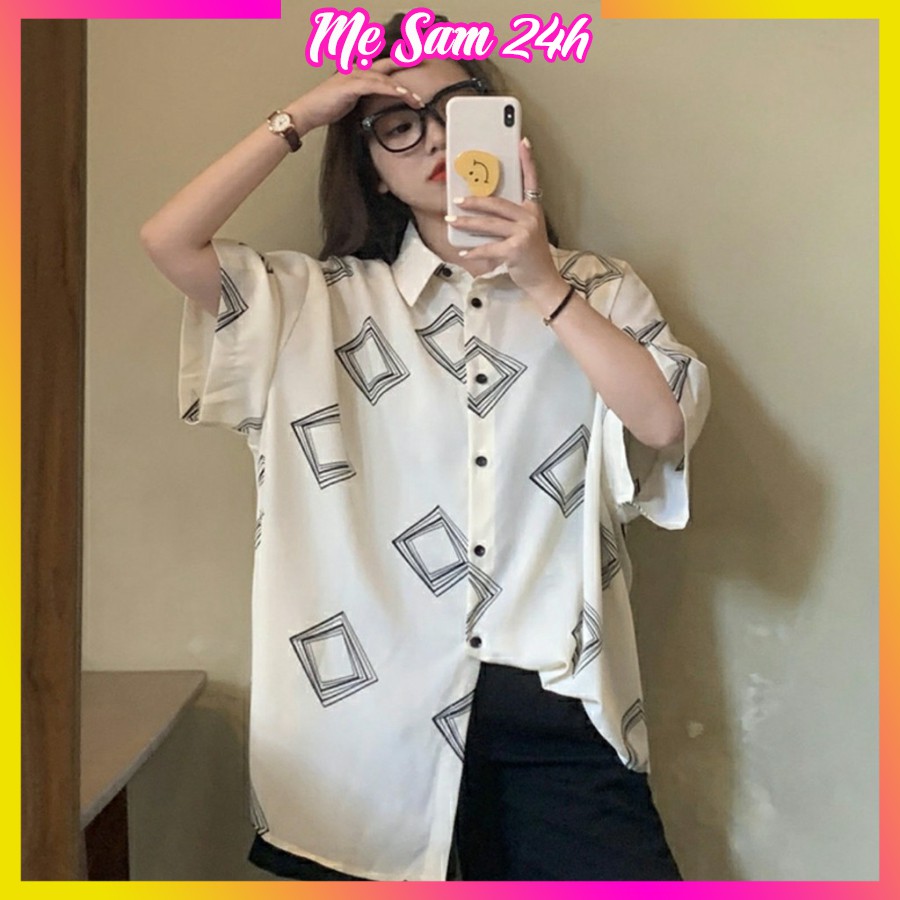 Áo sơ mi nữ form rộng tay lỡ freesize Mẹ Sam 24h, chất liệu đũi mềm mát, họa tiết in hình Ô Vuông Đen Trắng